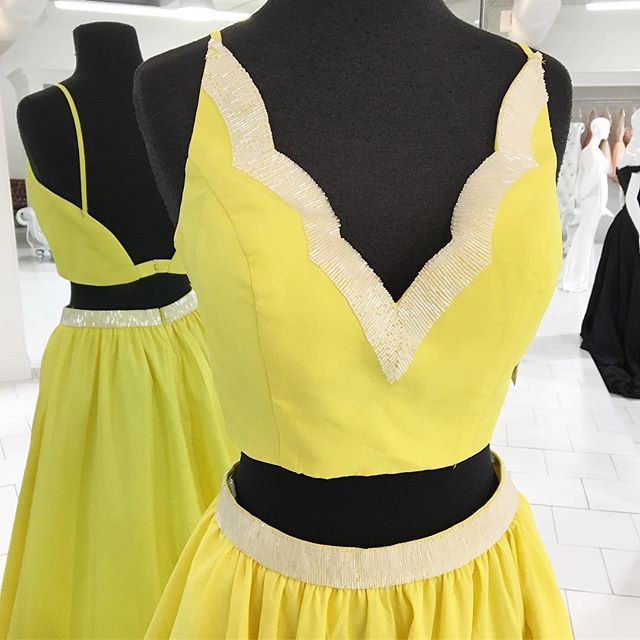Fabulous TwoPiece ALine VNeck Straps Yellow Long Prom Dress on Luulla